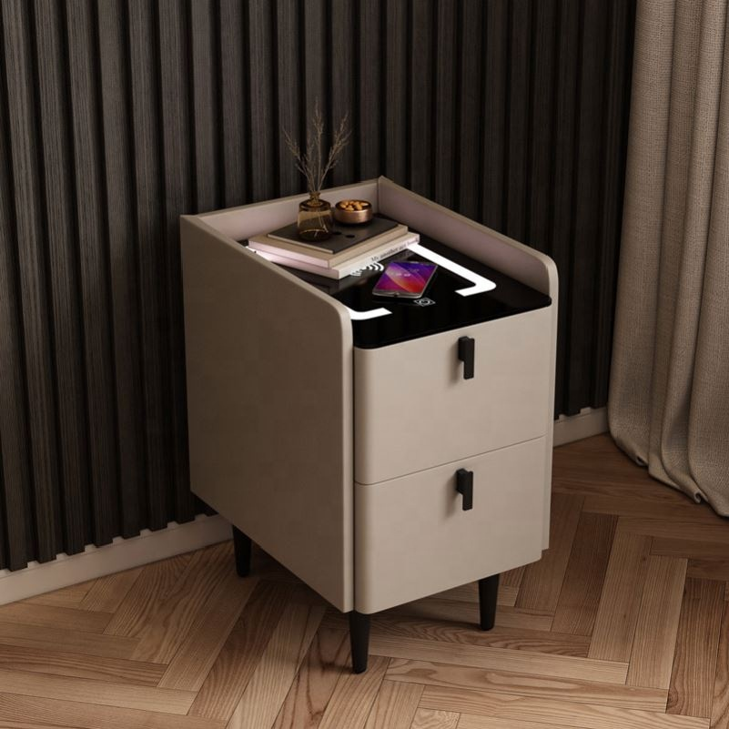 Modern Luxury Smart Nightstands With LED USB Wireless Charging Fingerprint Unlock Plug Base Bedroom Bedside Table