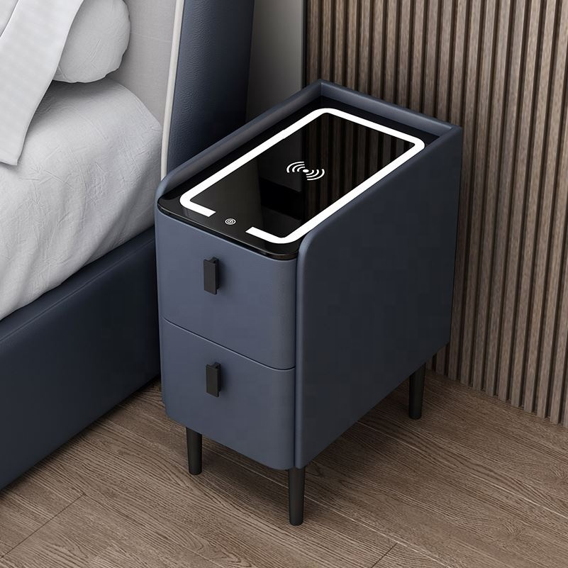 Modern Luxury Smart Nightstands With LED USB Wireless Charging Fingerprint Unlock Plug Base Bedroom Bedside Table