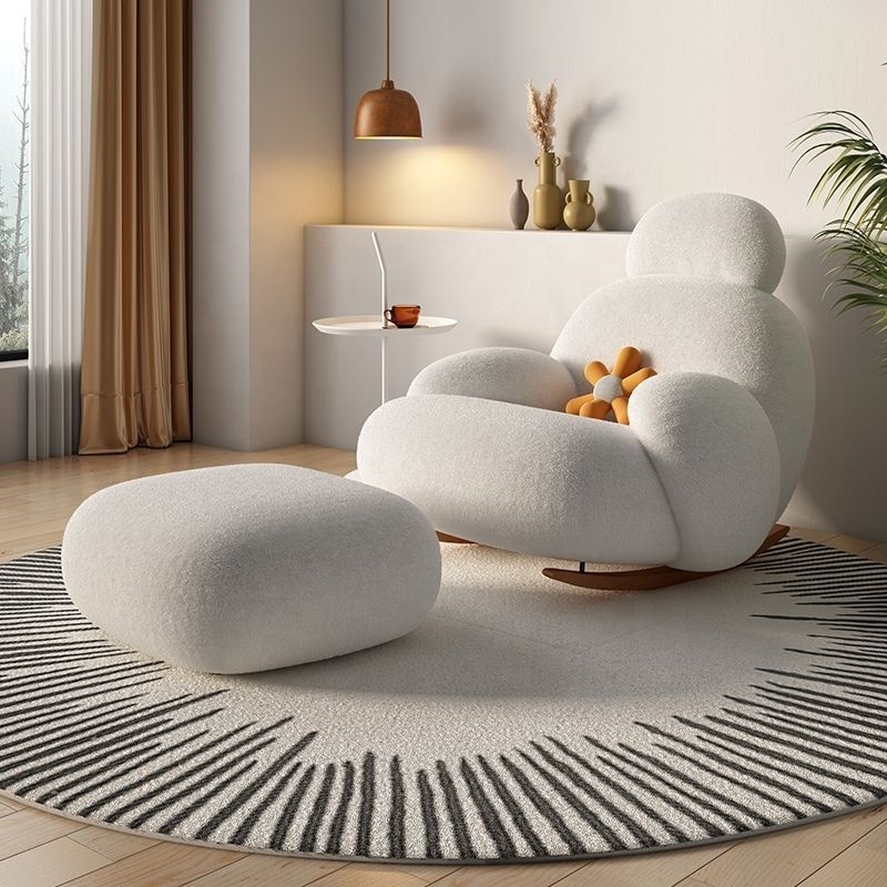 HHS Living Room Comfortable White Fabric Rocking Chair Tufted Plush Lounge Recliner Lazy Sofa Chairs With Stool