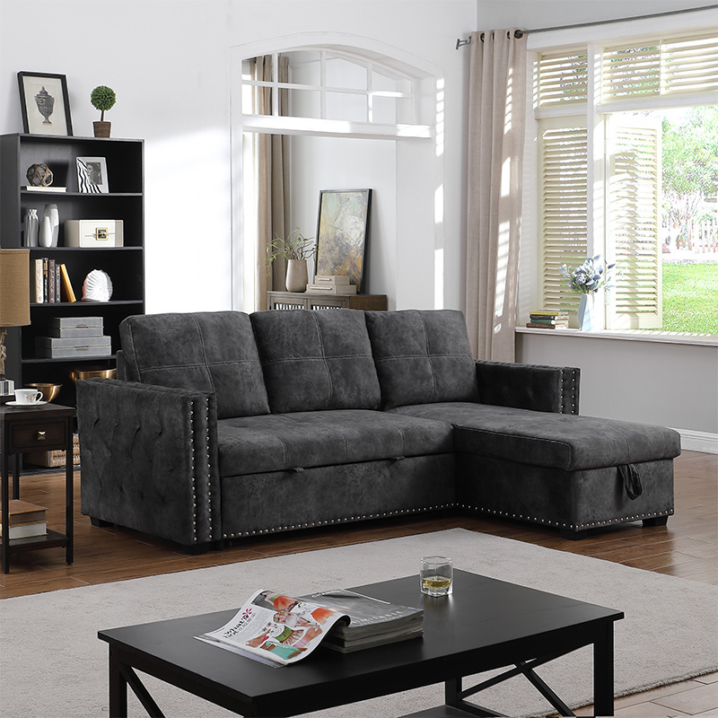 Sectional Sofa With Pulled Out Bed, 2 Seats Sofa and Reversible Chaise With Storage Armrest With Copper Nail