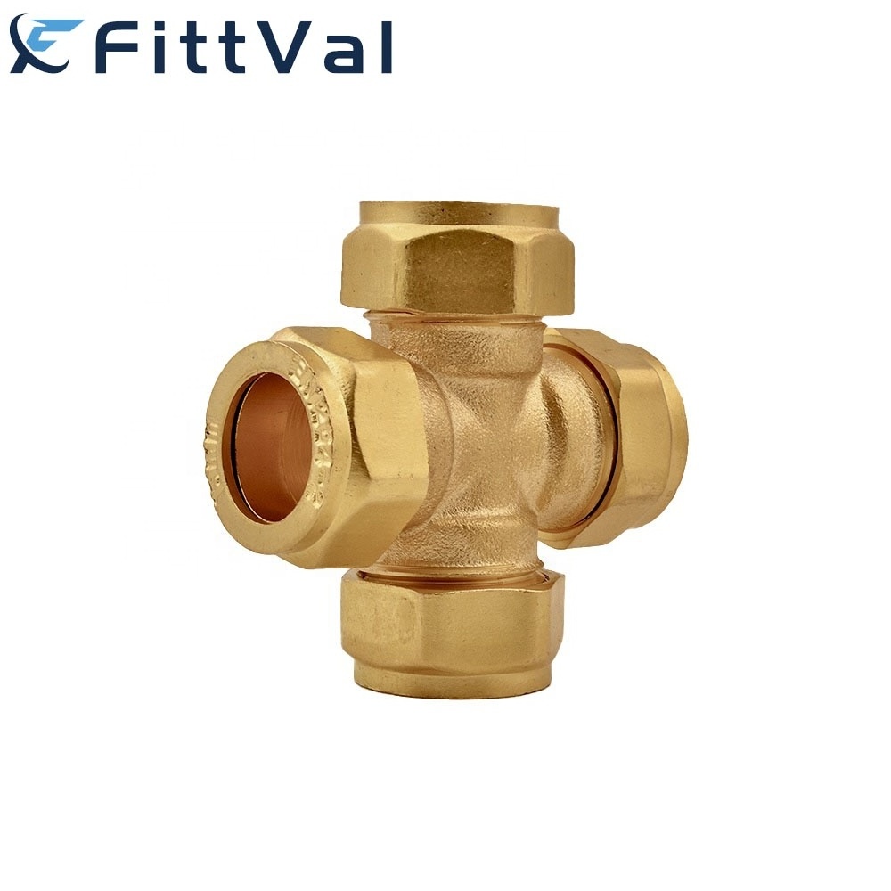 Factory BSP Thread Cross 4 Ways Plumbing Brass Compression Fittings for Copper Pipes