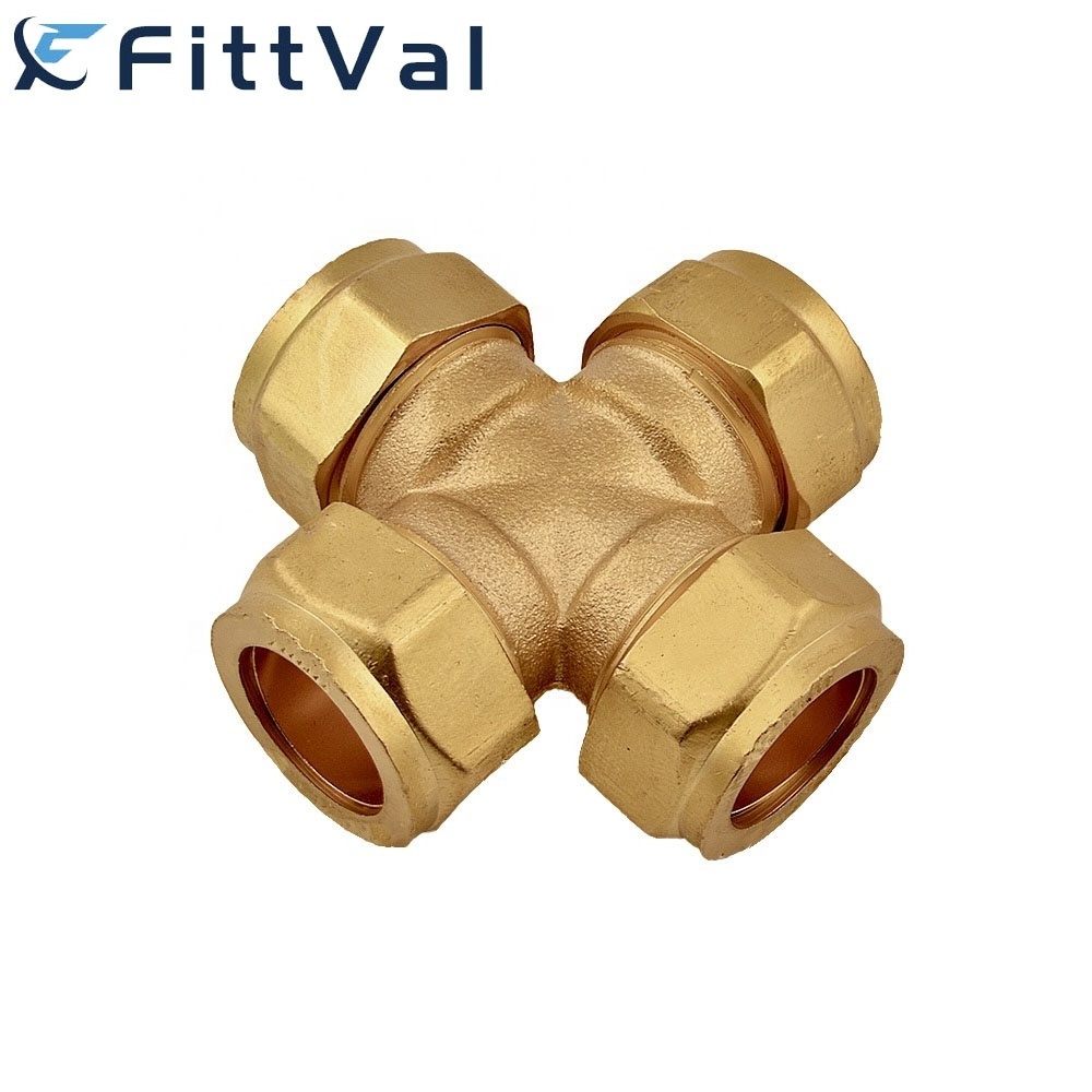 Factory BSP Thread Cross 4 Ways Plumbing Brass Compression Fittings for Copper Pipes