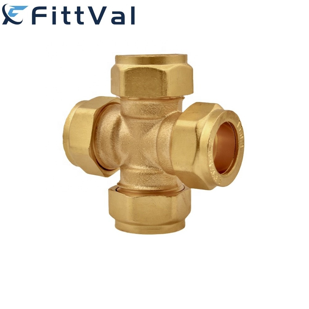 Factory BSP Thread Cross 4 Ways Plumbing Brass Compression Fittings for Copper Pipes