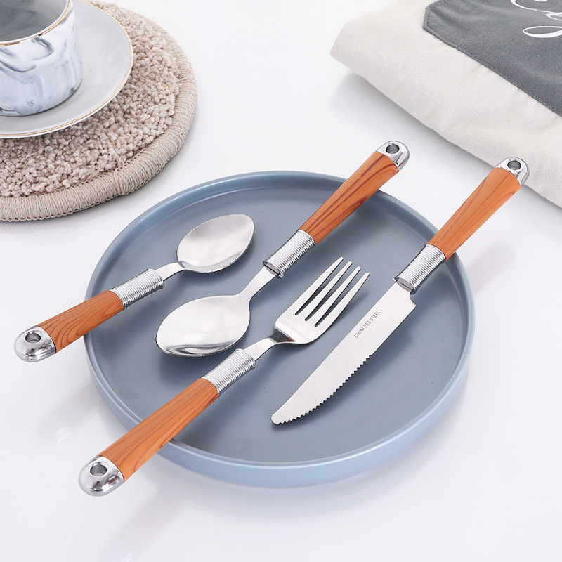 Stainless steel minimalist wooden handle tableware set with knife fork spoon portable 24 piece tableware set with plate rack