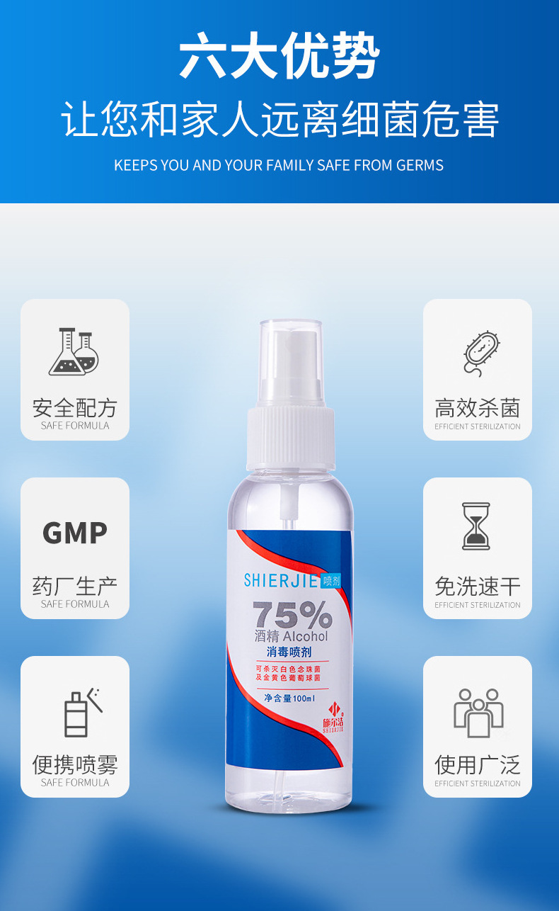 High Quality Private Label 100ml  Portable Antibacterial 75% Alcohol Disinfectants Spray