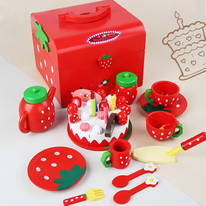 Hot wood happy cut toy Beautiful big red cake play house little princess toy girl birthday simulation cake toy