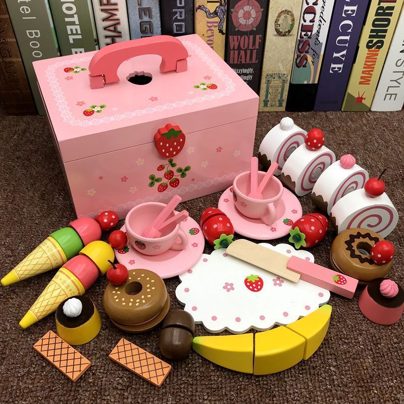 Hot wood happy cut toy Pink cake gift box set play house little princess toy girl birthday simulation cake toy