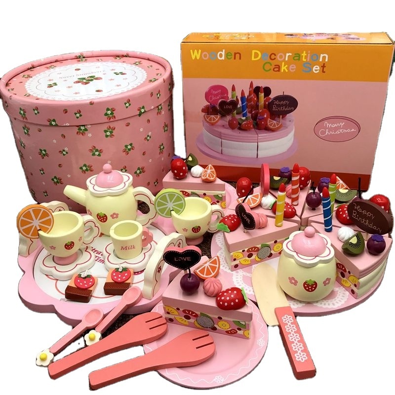 Happy Cut Toy Tea Set + Double Layer Cake Play House Little Princess Toy Girl Birthday Simulation Cake  Wooden Toys