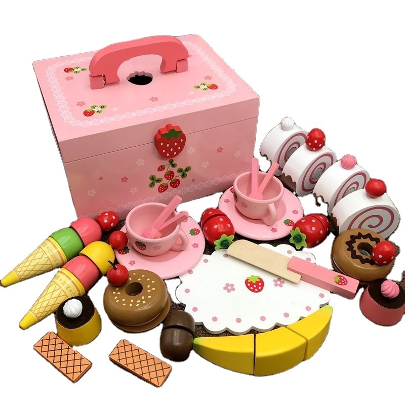 Hot wood happy cut toy Pink cake gift box set play house little princess toy girl birthday simulation cake toy