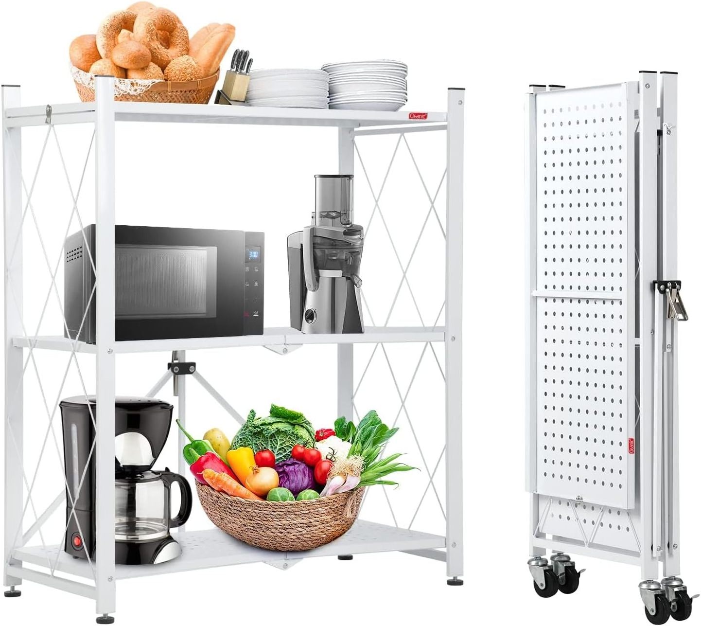 3-Shelf Foldable Storage Shelves with Wheels Large Capacity Shelving Unit Freestanding Metal Wire Shelf Rack for Garage Kitchen