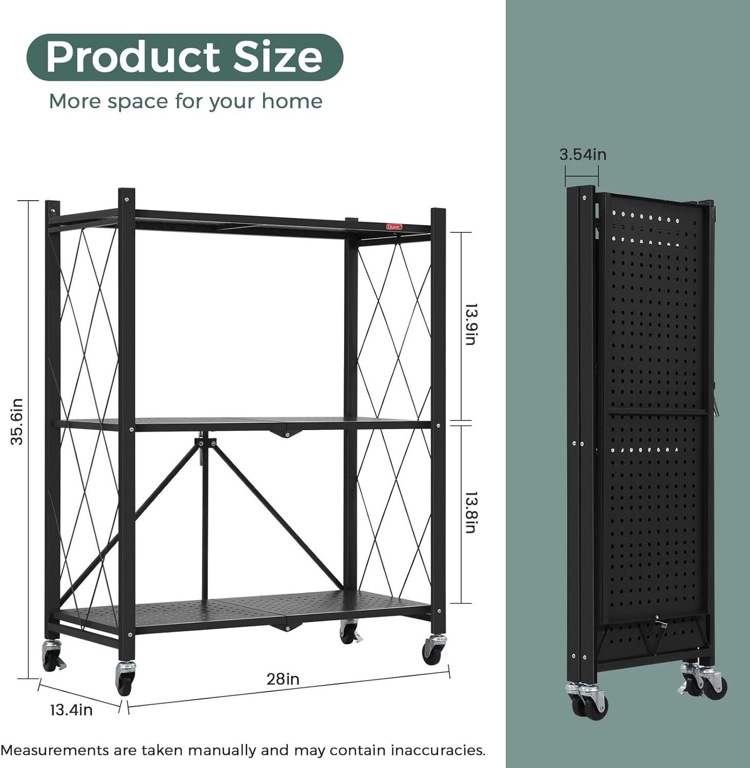 3-Shelf Foldable Storage Shelves with Wheels Large Capacity Shelving Unit Freestanding Metal Wire Shelf Rack for Garage Kitchen