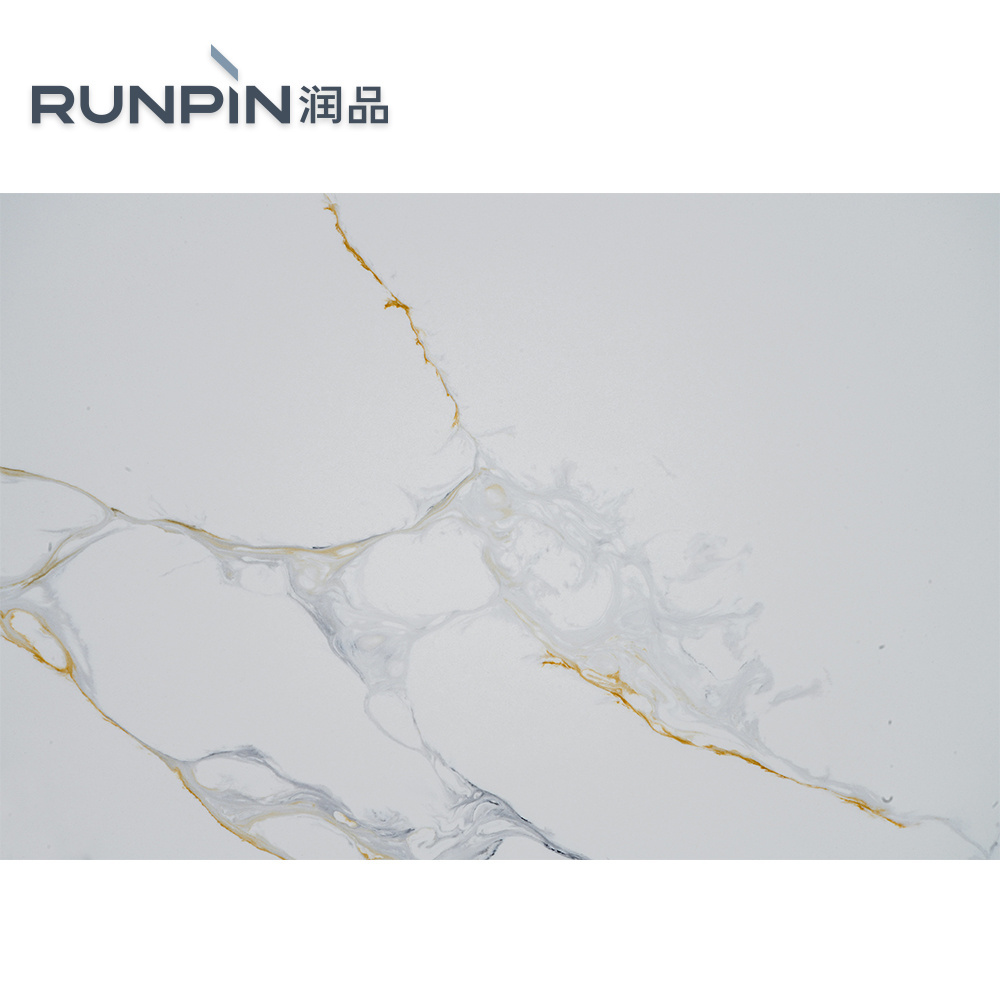 Runpin Artificial Quartz Stone Slab White Gold Calacatta Carrara Faux Quartz Slab Polished Villa Kitchen Countertop Customizable