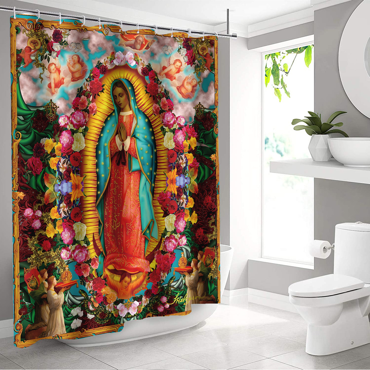 Hot Sale High Quality Hotel Bathroom Shower Curtain Bouquet Madonna Print Customized Waterproof Shower Curtain for Decoration