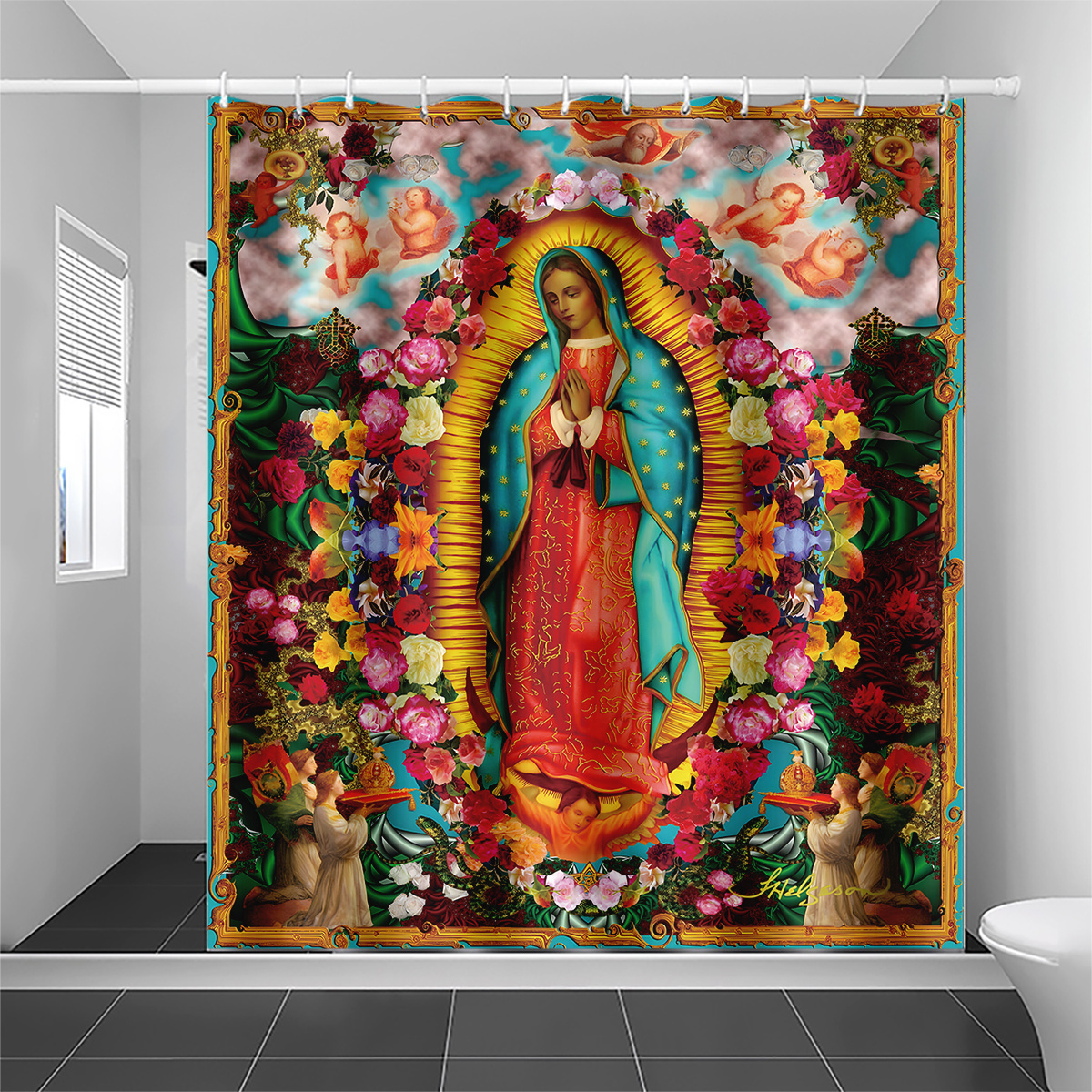 Hot Sale High Quality Hotel Bathroom Shower Curtain Bouquet Madonna Print Customized Waterproof Shower Curtain for Decoration