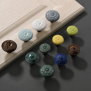 Floral Relief Ceramic Cabinet Kitchen Knobs Handles Vintage Round Single Hole Knobs for Drawer Cupboard Closet