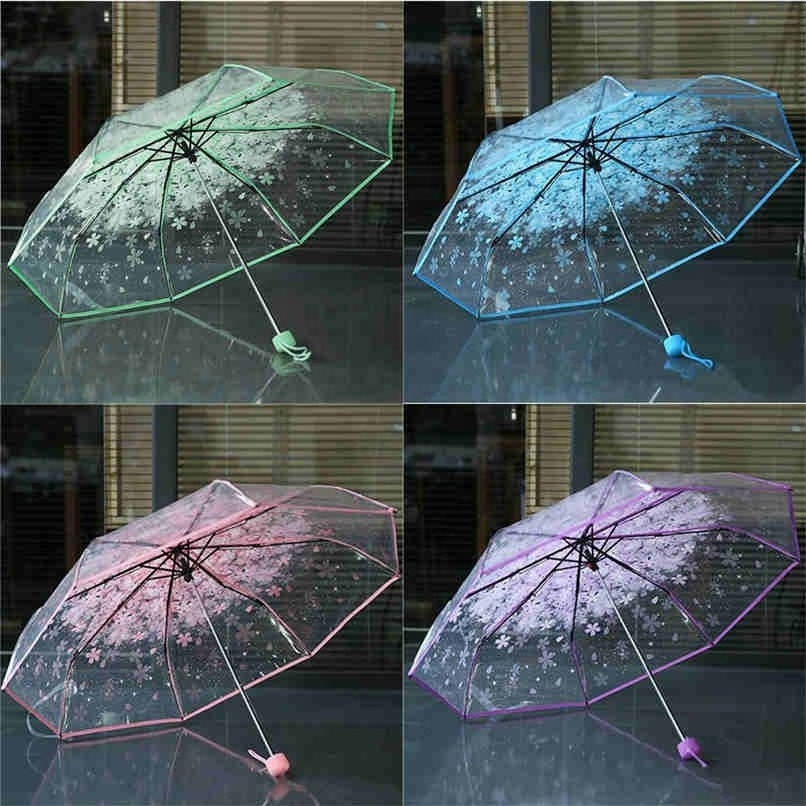 Women's Rain Umbrella Transparent Clear Cherry Blossom Mushroom Apollo Sakura Printed Three-folding Umbrella