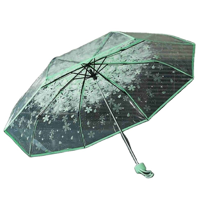 Women's Rain Umbrella Transparent Clear Cherry Blossom Mushroom Apollo Sakura Printed Three-folding Umbrella