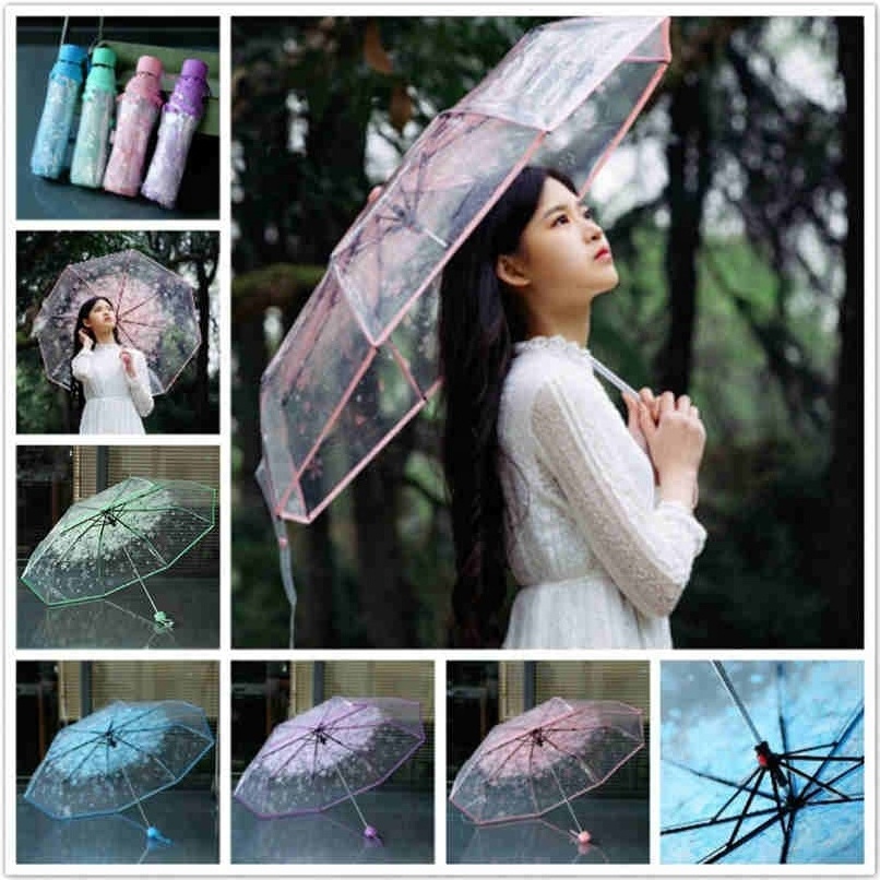 Women's Rain Umbrella Transparent Clear Cherry Blossom Mushroom Apollo Sakura Printed Three-folding Umbrella