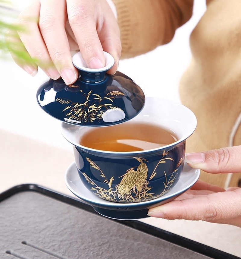 Noble Blue Outline In Gold Tea Tureen Cup Cover Bowl Tea Set Gaiwan Tea Porcelain Pot Set Travel Kettle 150ml