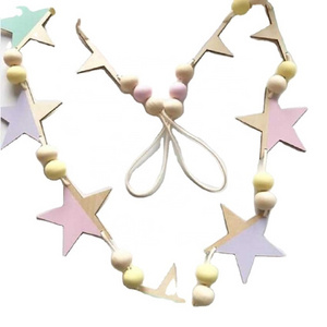 INS Scandinavian Style Wooden Star Banner Hanging Curtains Little Girl Baby Beaded Curtains Wall Decoration Hanging Curtains