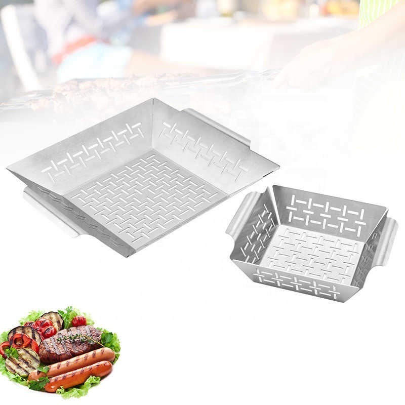 Stainless Steel Grill Pan BBQ Grill Leak Tray BBQ Mesh Basket Tools Vegetable BBQ Basket Grill Pan