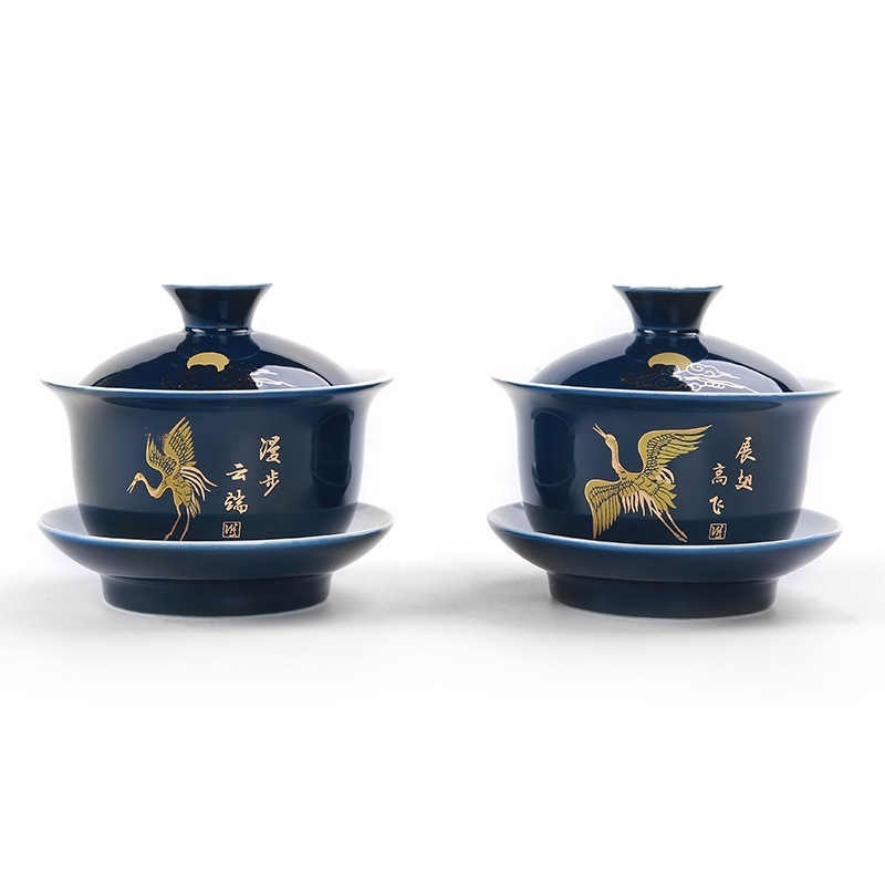 Noble Blue Outline In Gold Tea Tureen Cup Cover Bowl Tea Set Gaiwan Tea Porcelain Pot Set Travel Kettle 150ml