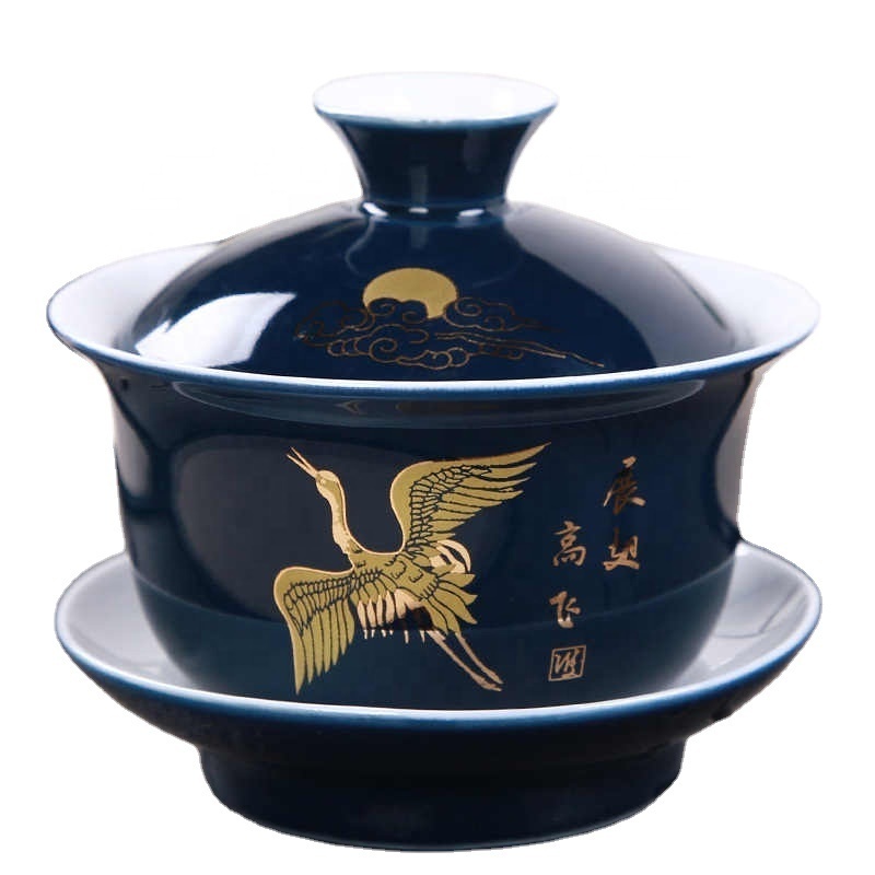 Noble Blue Outline In Gold Tea Tureen Cup Cover Bowl Tea Set Gaiwan Tea Porcelain Pot Set Travel Kettle 150ml