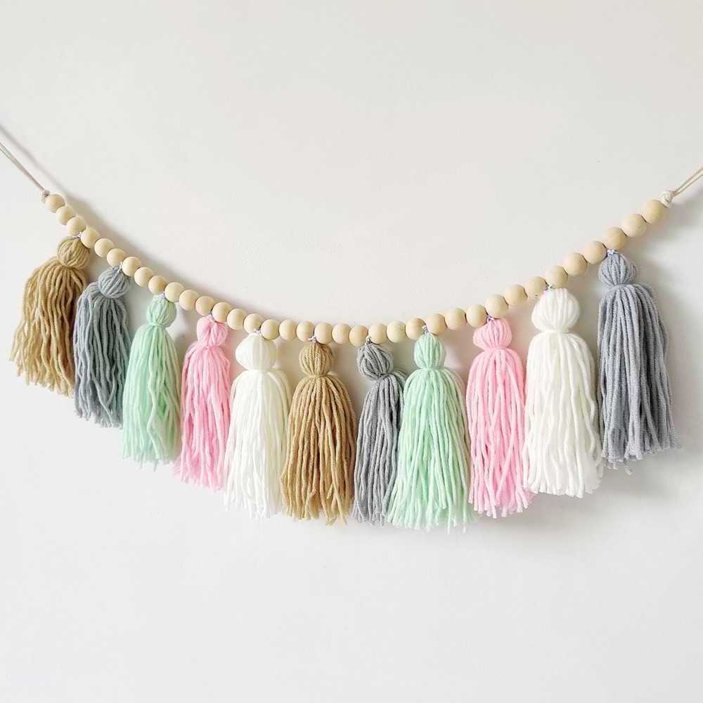 Ins Scandinavian Macaroon Wooden Beads Tassels Holiday Background Decoration Hanging Curtain Women's Dormitory Wall Decorations