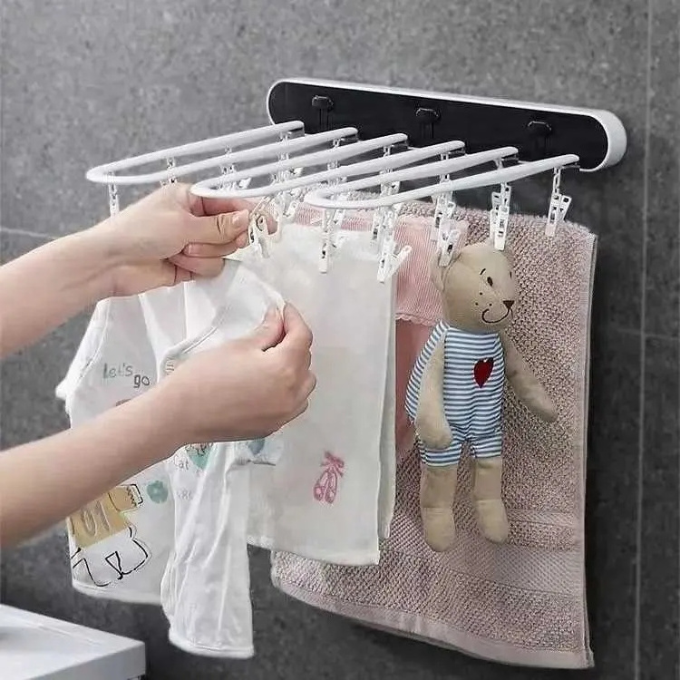 Folding Clothes Hanger Without Punching Windproof Folding Socks Underwear Balcony Bathroom Multifunctional Clip