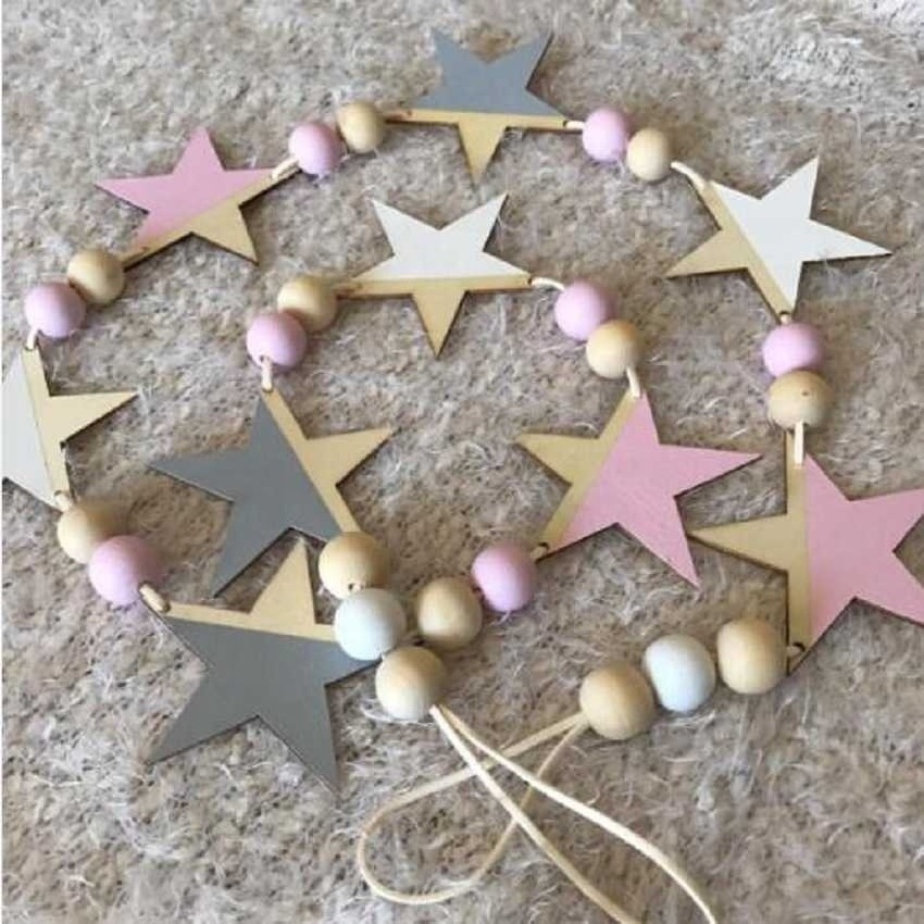 INS Scandinavian Style Wooden Star Banner Hanging Curtains Little Girl Baby Beaded Curtains Wall Decoration Hanging Curtains