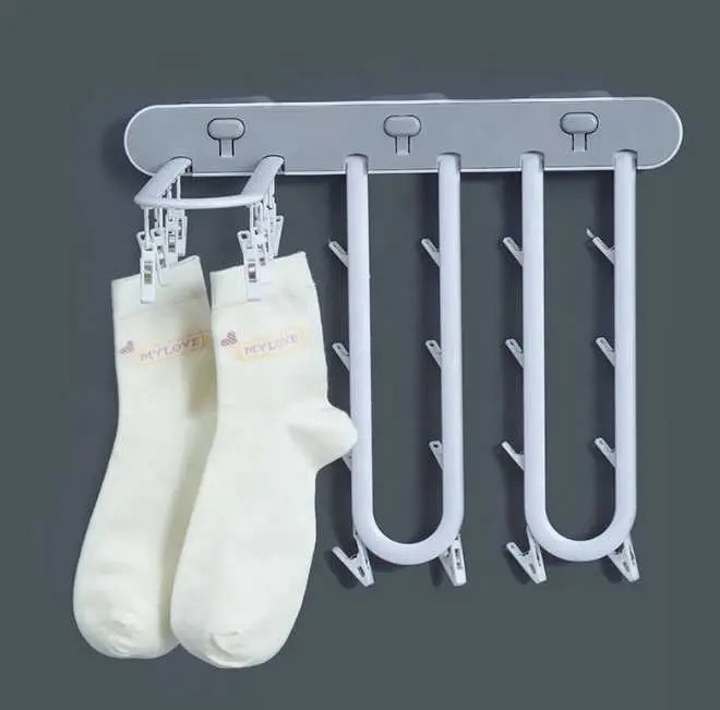 Folding Clothes Hanger Without Punching Windproof Folding Socks Underwear Balcony Bathroom Multifunctional Clip