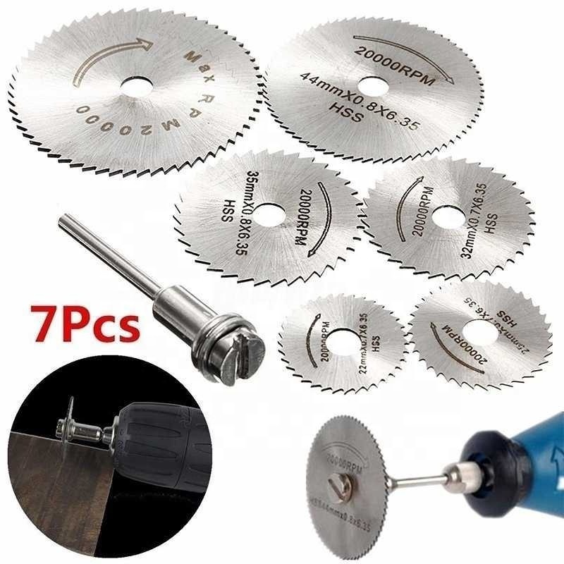 7pc Metal Circular Saw Disc Wheel Blades Shank High Speed Steel Mini Saw Blades With Mandrels Drill Warehouse Rotary Wood Cutout