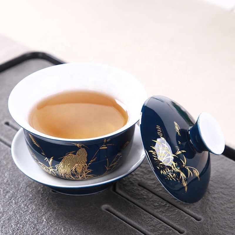 Noble Blue Outline In Gold Tea Tureen Cup Cover Bowl Tea Set Gaiwan Tea Porcelain Pot Set Travel Kettle 150ml