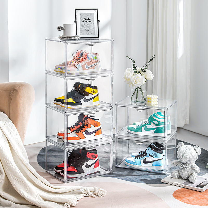 Side Open Drop Door Steady Stackable Simple Assemble Custom  Sneakers Foldable  Shoe Storage Box With Magnetic Door