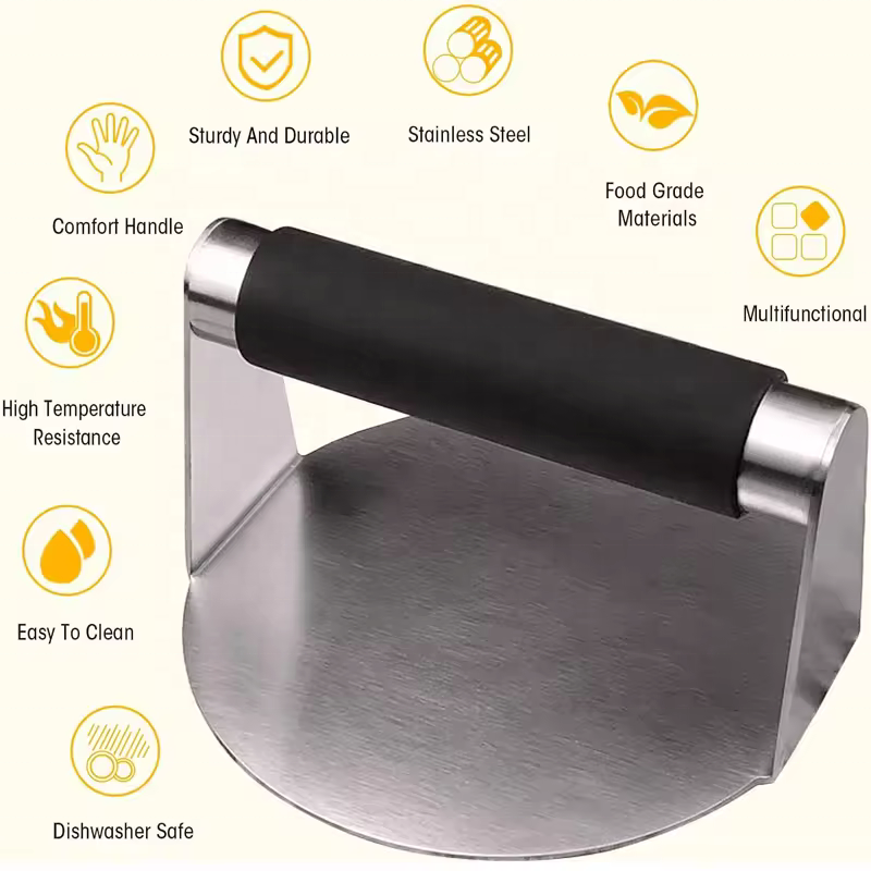 Stainless steel wooden handle circular hamburger meat press manual meat patty press kitchen tool meat press plate