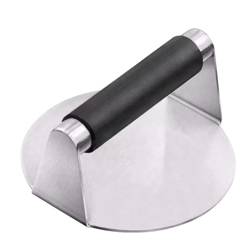 Stainless steel wooden handle circular hamburger meat press manual meat patty press kitchen tool meat press plate