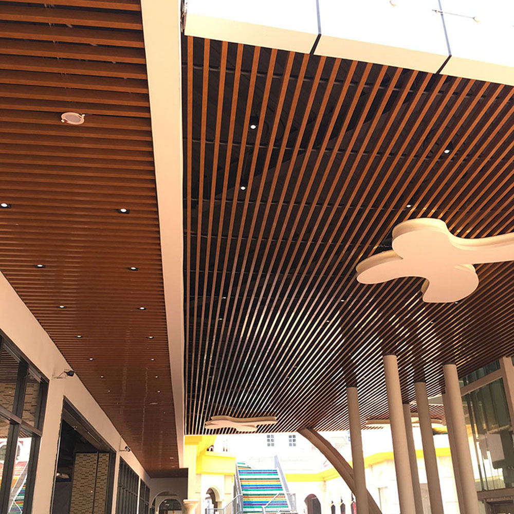 Fancy Ceiling And Wall Design Aluminum Wood Color Custom Suspended Baffle Ceiling