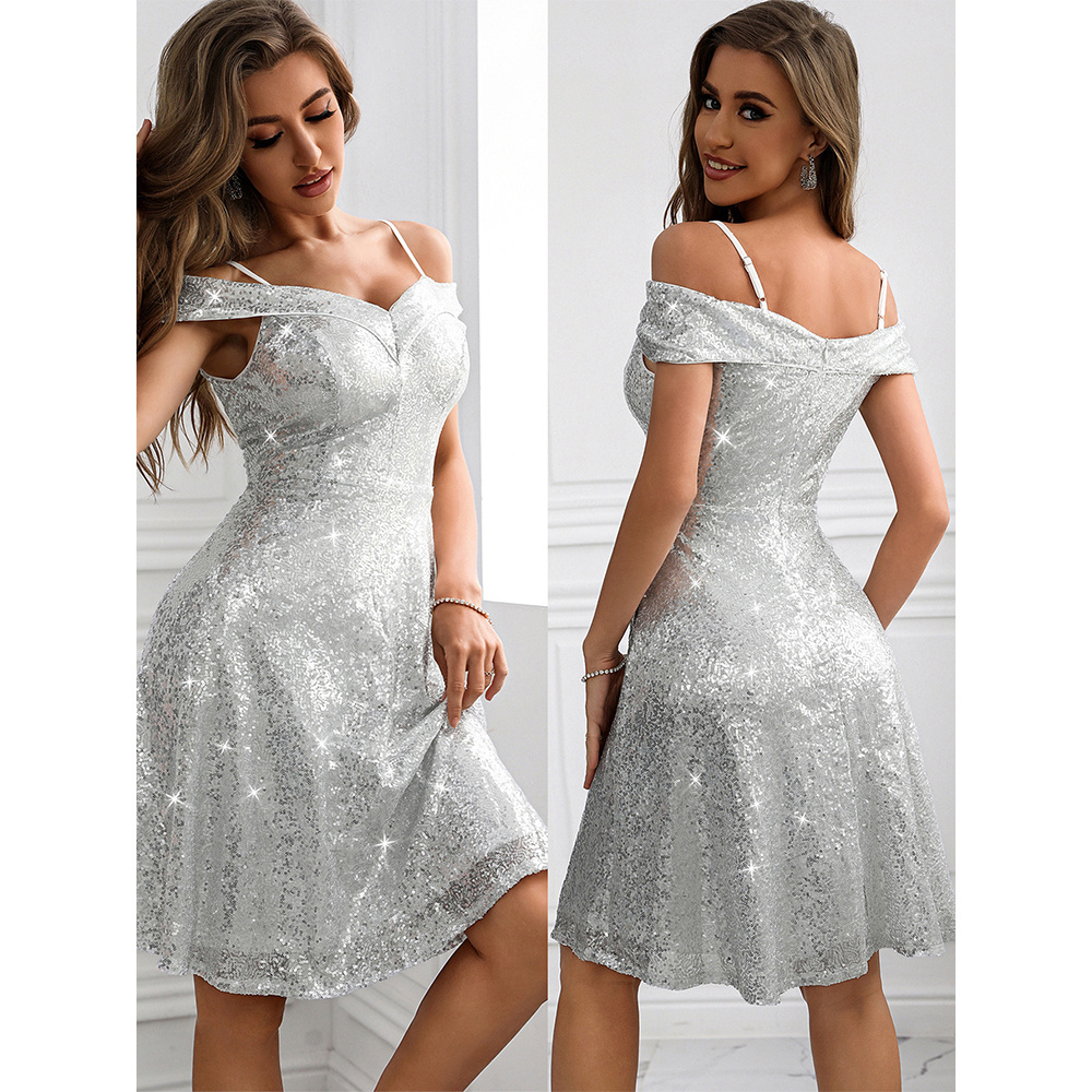 white sequin dress pronm strap dress kleid robe de soiree chic non dos nu vestido de fiesta de lentejuelas