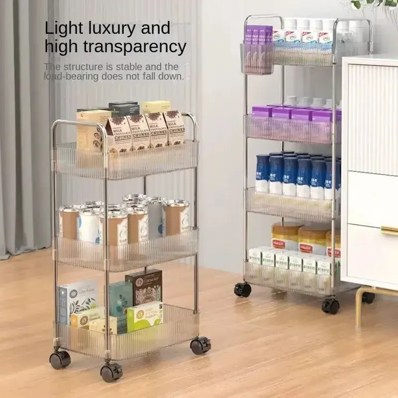 Transparent acrylic small cart storage rack, bedside snack rack, bedroom floor to floor movable cosmetic storage rack