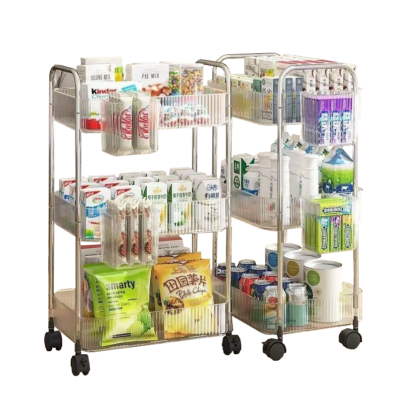 Transparent acrylic small cart storage rack, bedside snack rack, bedroom floor to floor movable cosmetic storage rack