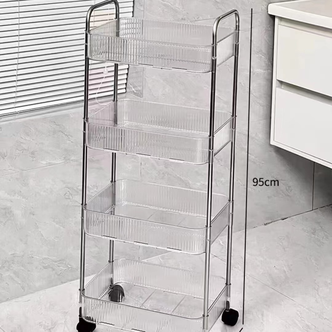 Transparent acrylic small cart storage rack, bedside snack rack, bedroom floor to floor movable cosmetic storage rack