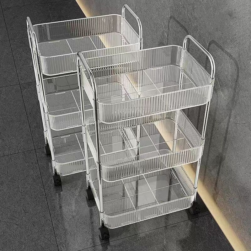 Transparent acrylic small cart storage rack, bedside snack rack, bedroom floor to floor movable cosmetic storage rack