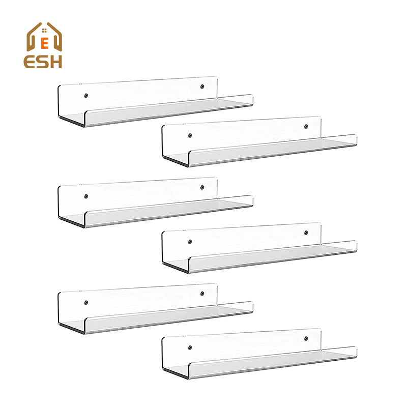 Clear Acrylic Floating Shelves Wall Mounted with Cable Clips 9-Inch Storage Wall Shelves Stick-On Shelf Display Organizer