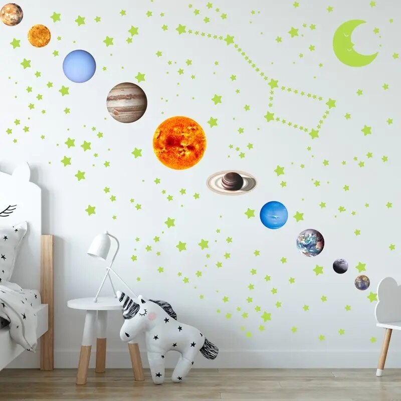 525PCS Box Packed Luminous Nine Planets Wall Sticker for Kids Bedroom Living Room Glow In The Dark DIY Party Home Decor