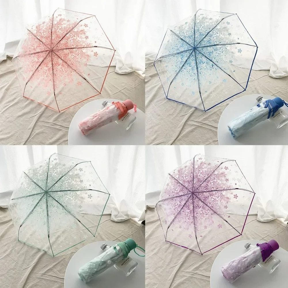 Korean Umbrella Folding Cute Korean Mini Fresh Simple Sen Series Trifold Cherry Blossom Transparent Japanese Umbrella