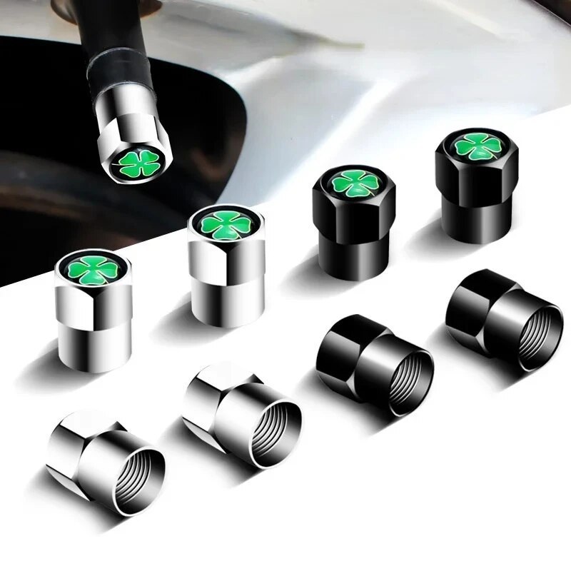 4Pcs Four-leaf Clover Logo Metal Car Wheel Tire Valve Stem Caps Fashion Badges Auto Tire Valve Dust Motorcycles Accessories