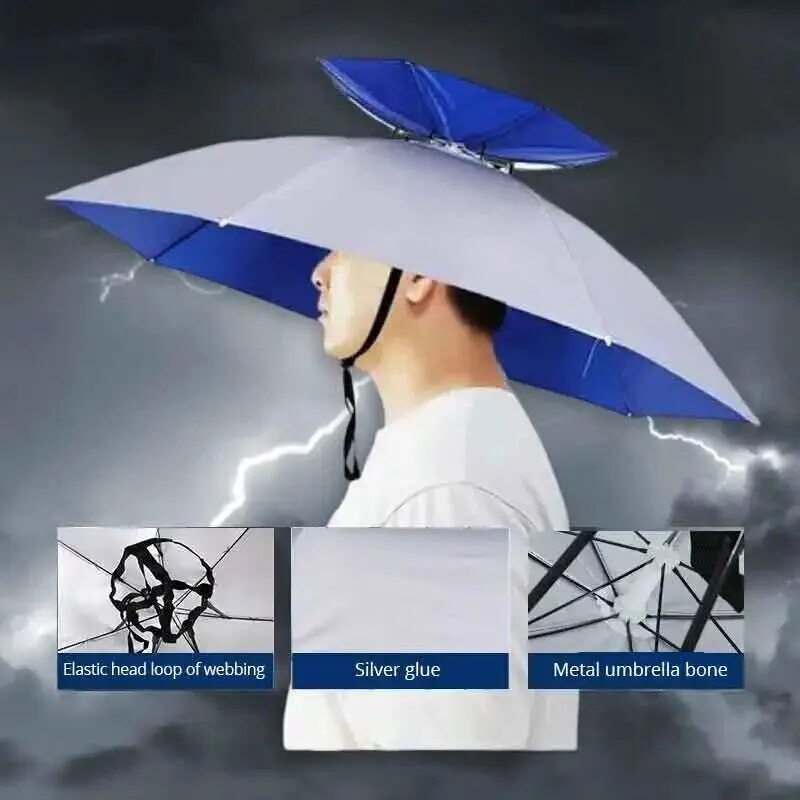 1pc Silver Double Layer Head Wearing Umbrella Cap, Outdoor Folding Umbrella for Men and Women Outdoor Tools