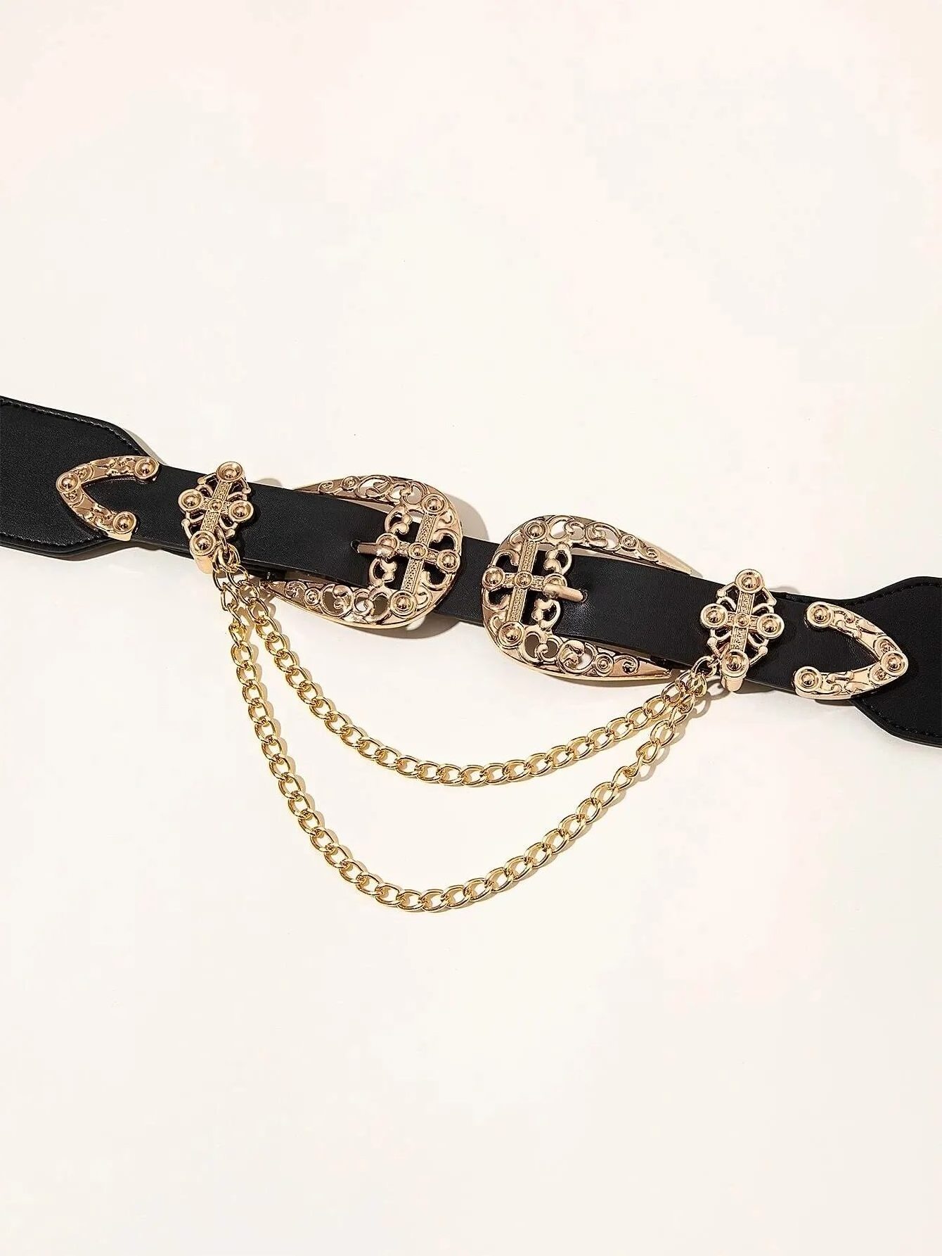 Wide Vintage Belt For Women Cowgirl Double Buckle Hollow Out Chain Detail Elastic Straps Retro Waist Belt For Women Dress Belt