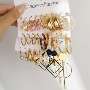 15Pcs Set Of Lady Earrings Geometric Acrylic Pink Butterfly Square Fake-pearl Leopard Print Gold-color Earrings