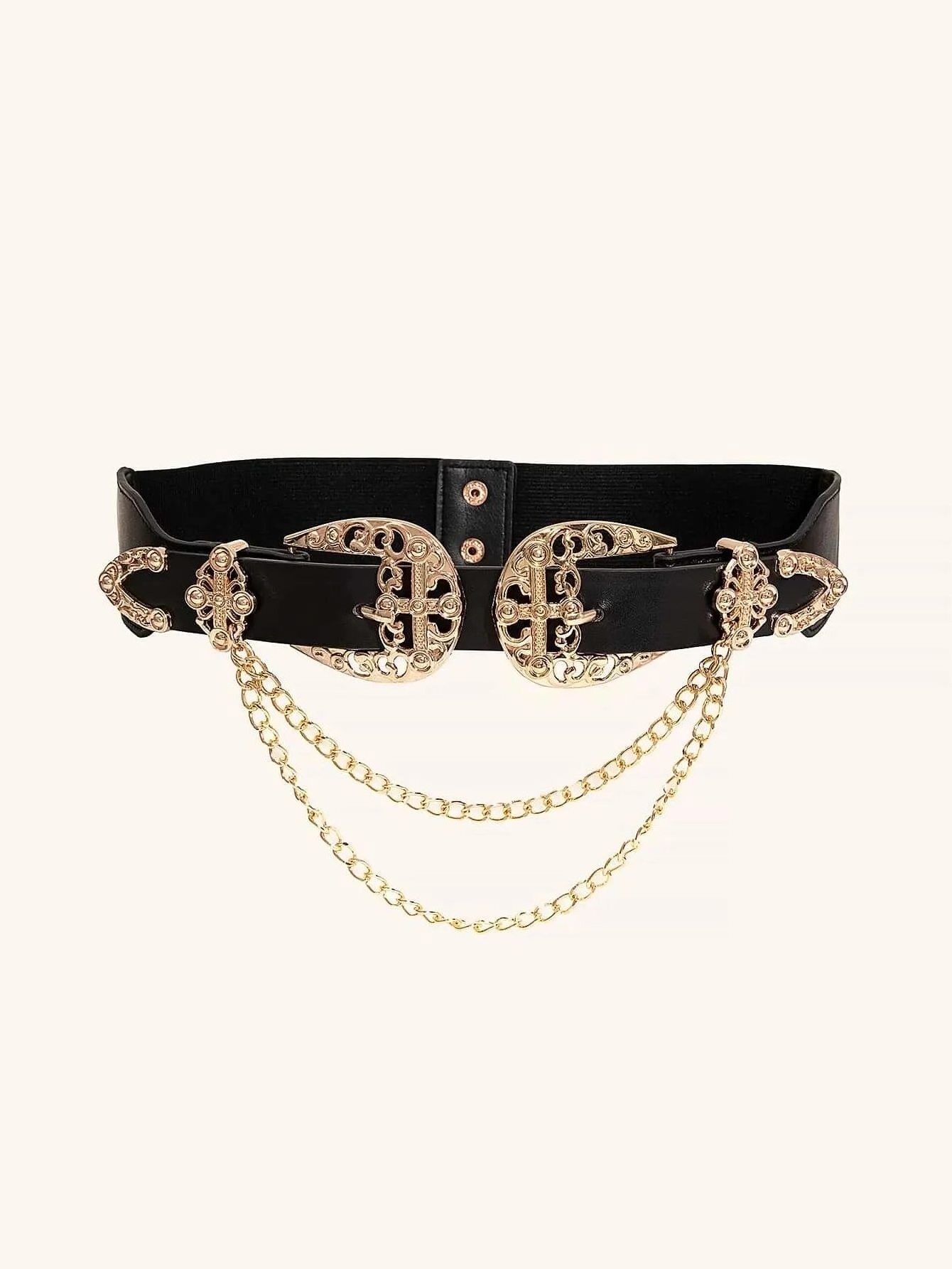 Wide Vintage Belt For Women Cowgirl Double Buckle Hollow Out Chain Detail Elastic Straps Retro Waist Belt For Women Dress Belt